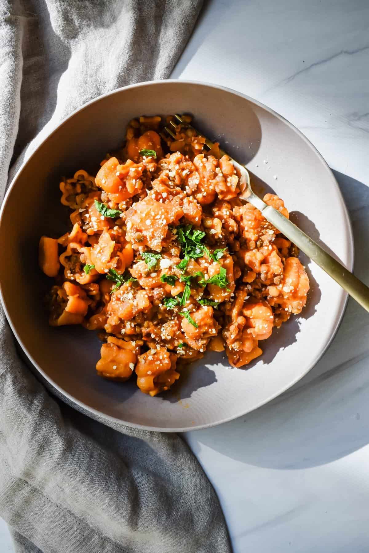 this is another top view close up of my fall lentil ragu from trader joes. This picture features the same as above, except it is in the light of natural sun so it's a little bit brighter! 