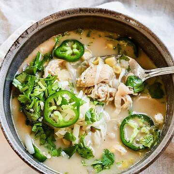 This is a top view close up of my crockpot chicken green chili