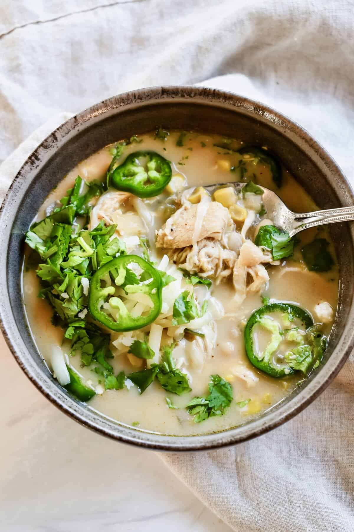 This is a top view close up of my crockpot green chili chicken 