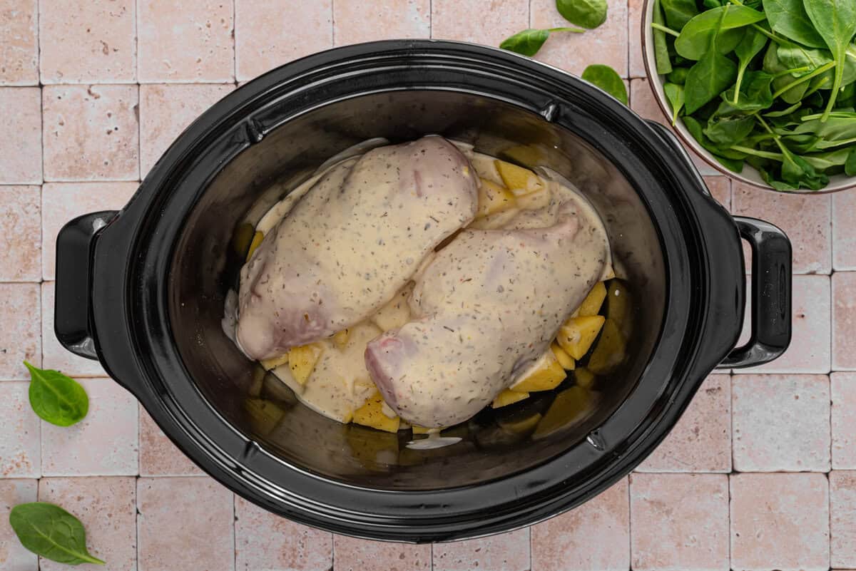 this shows me adding the dressing and the chicken on top of the potatoes 