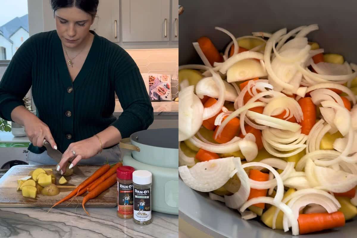 this is a photo of me cutting the potatoes and then placing all of the vegetables in the crockpot 