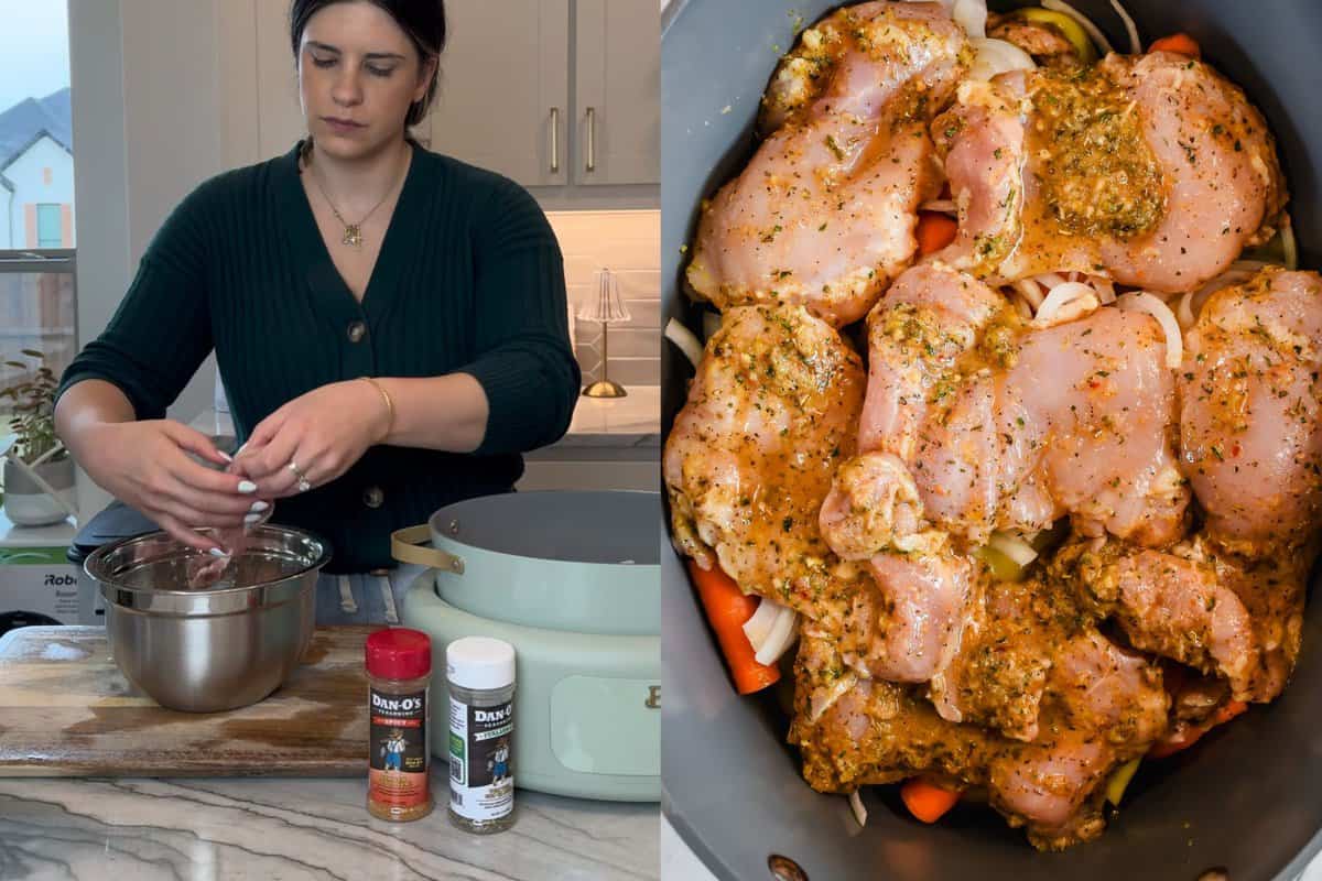 this is a photo of me adding the chicken thighs into the bowl and then adding it into the crockkpot.