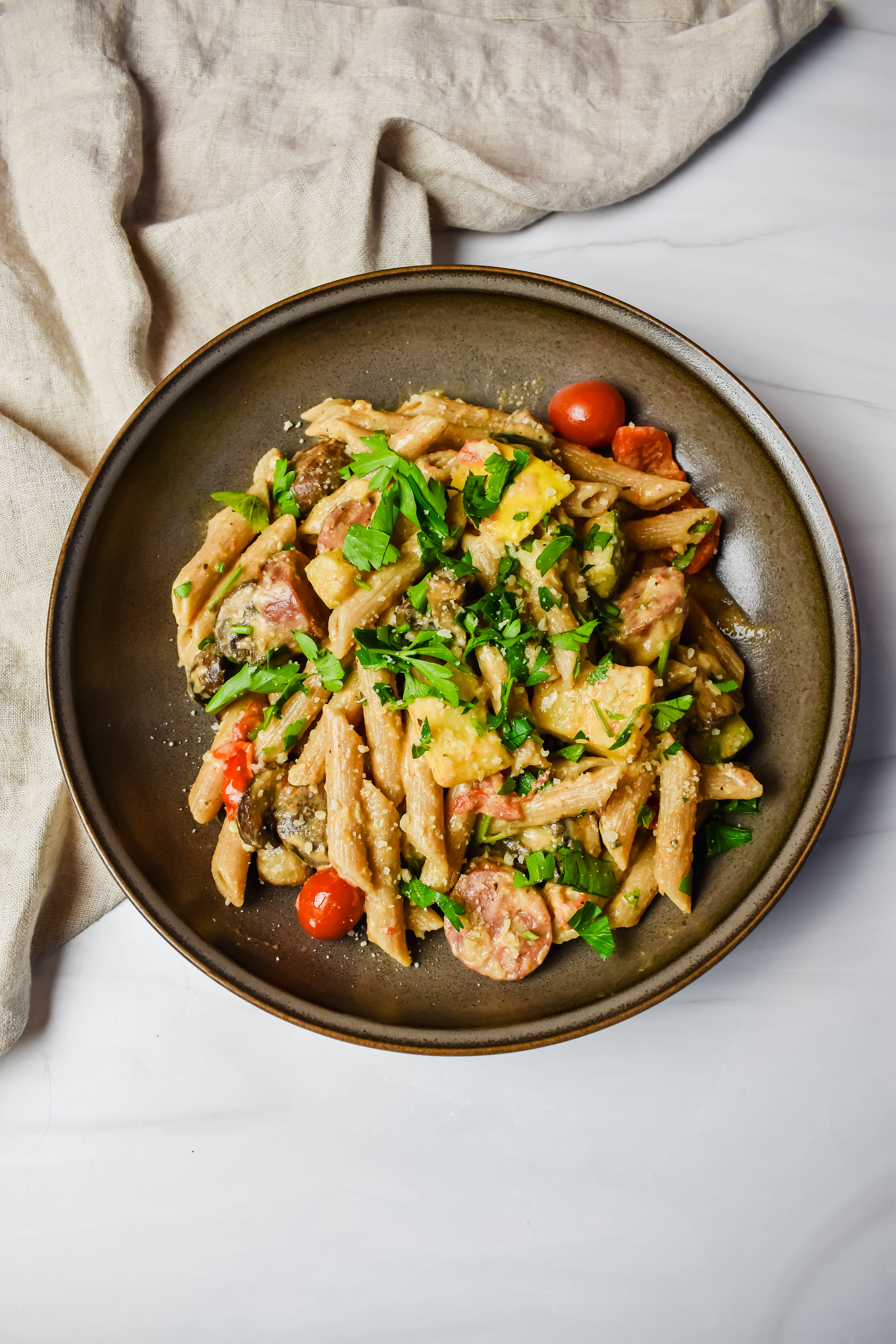 This is a top view of my healthy boursin and pasta bake