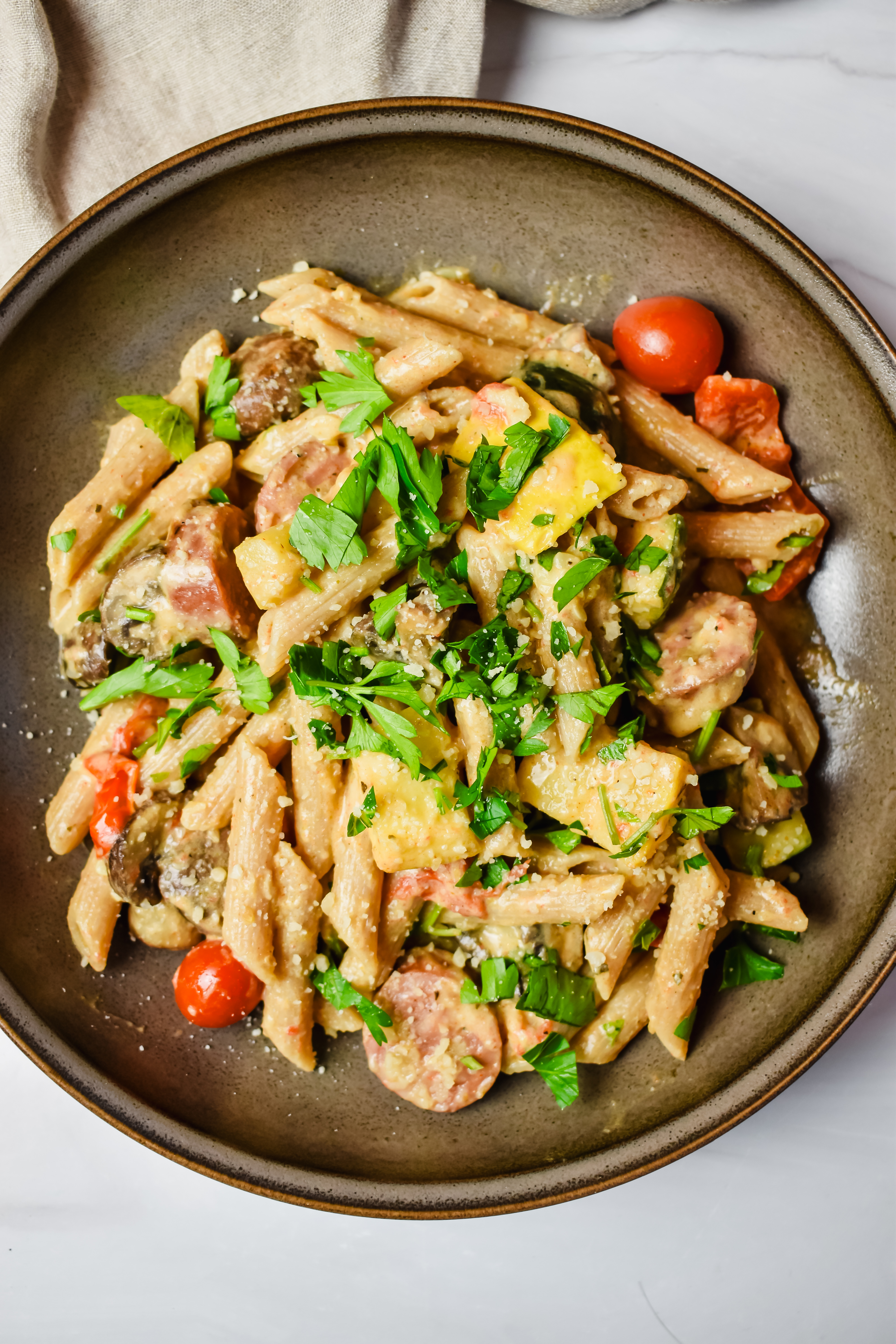 this is a side view close up of my healthy boursin and pasta bake.