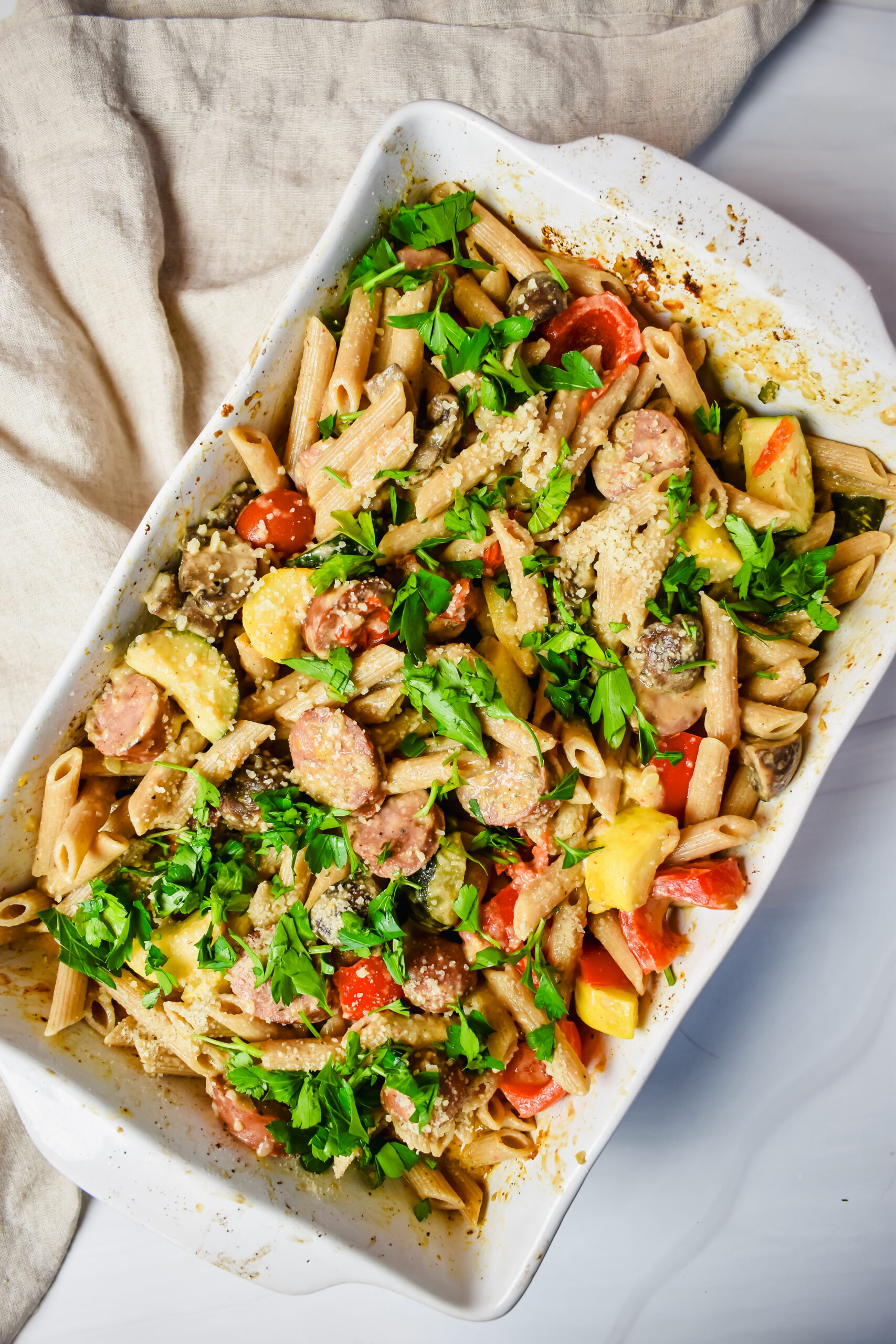 This is a top view of the pasta bake in the 9x13 casserole dish. 