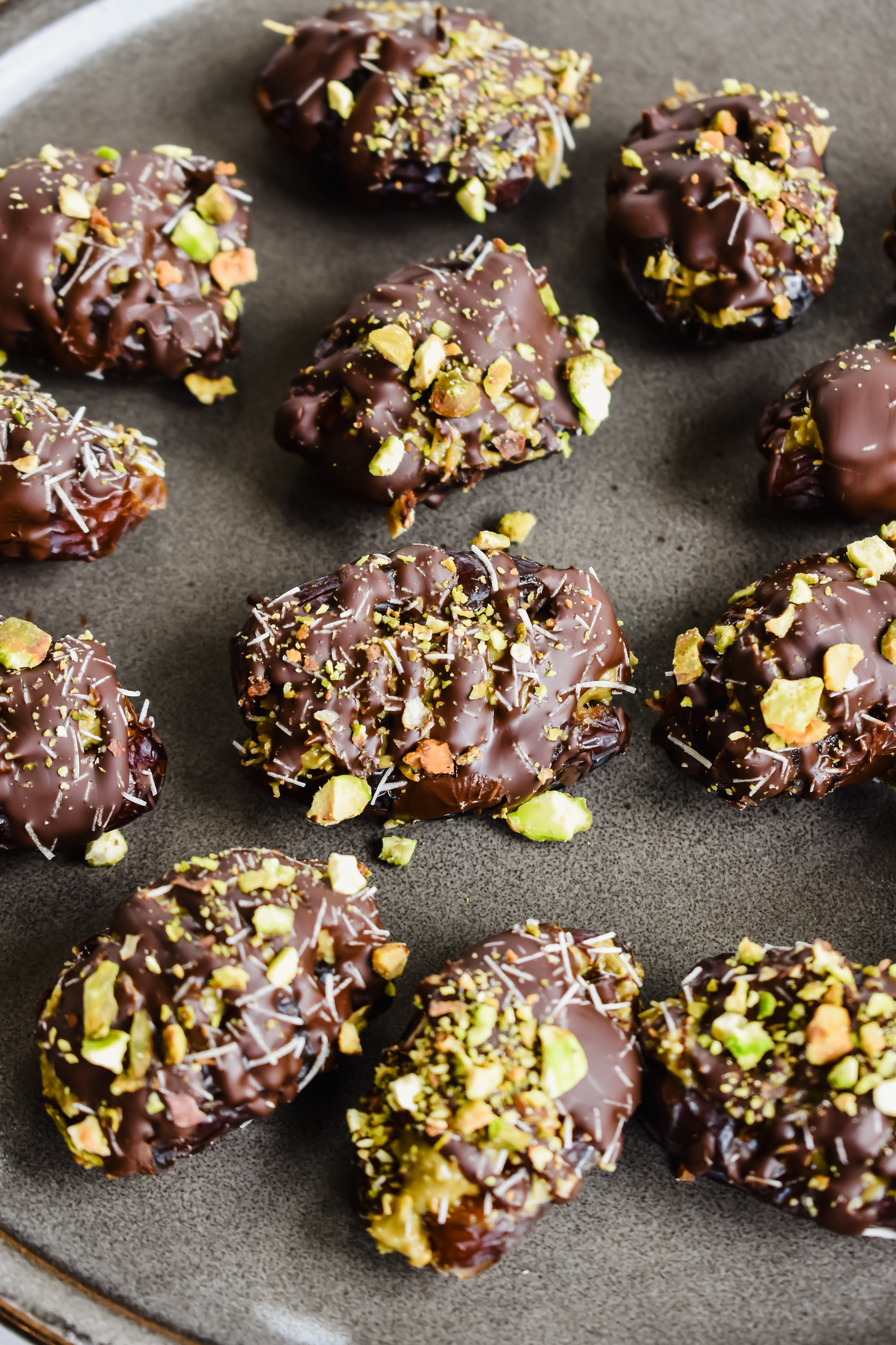 this is a picture of my dubai chocolate dates on a plate. 
