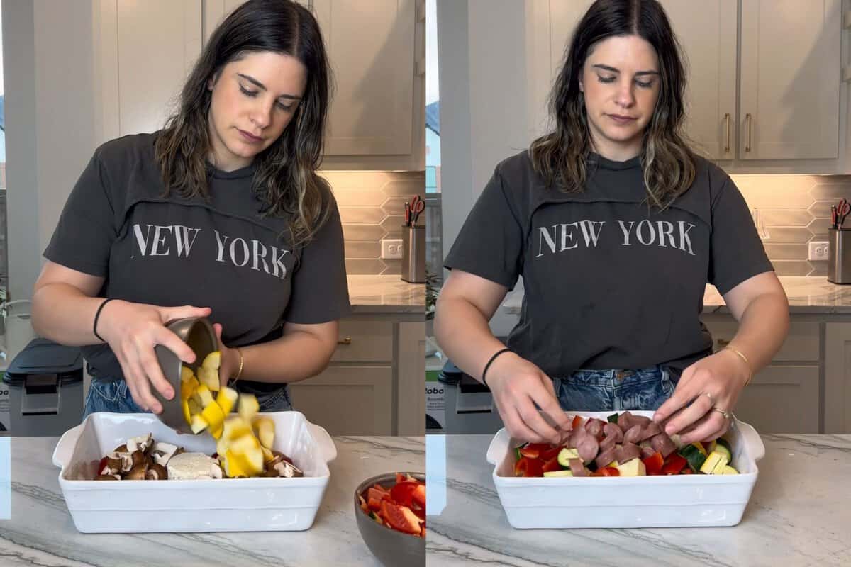 this shows me placing the boursin, vegetables and sliced chicken apple sausage into the dish. 