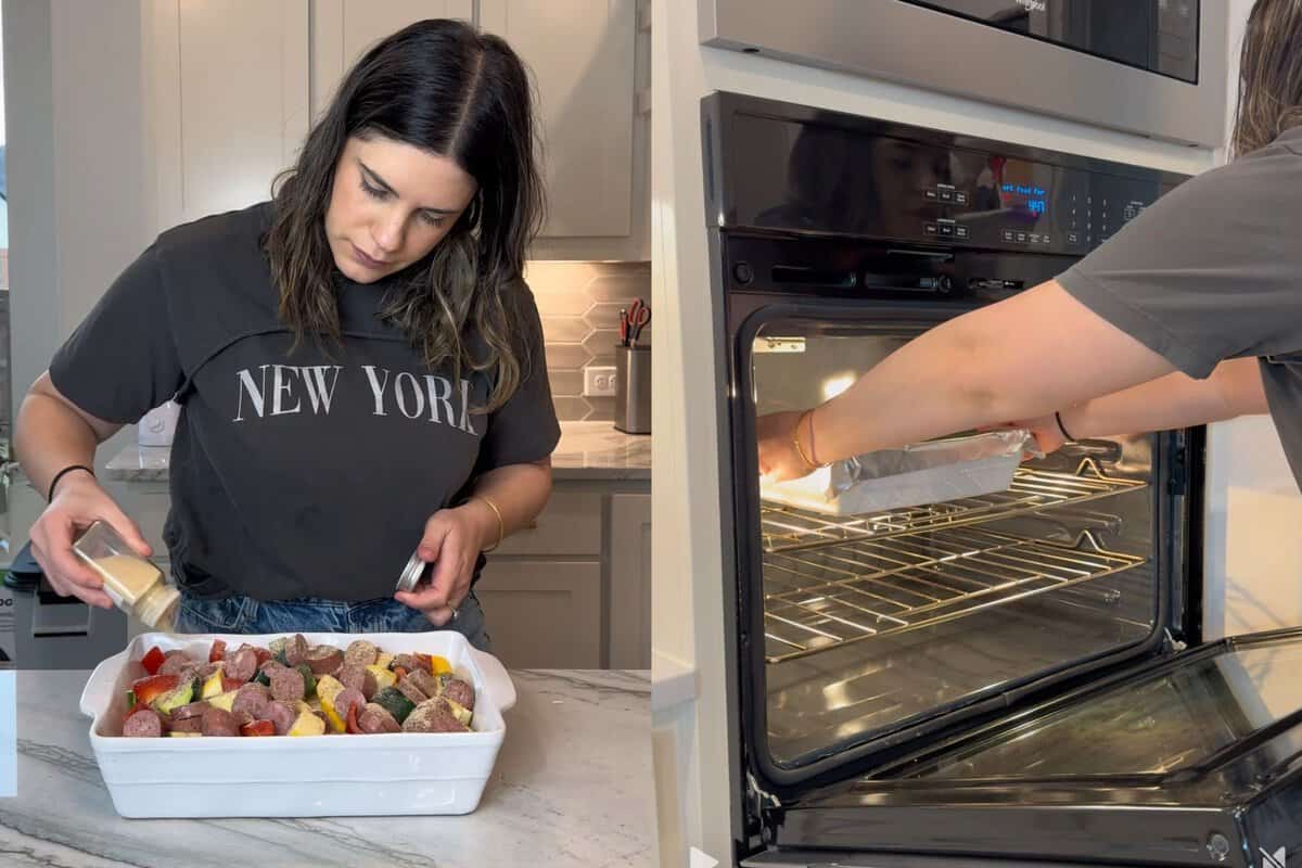 this shows me seasoning the dish and adding avocado oil. Then covering and baking it.
