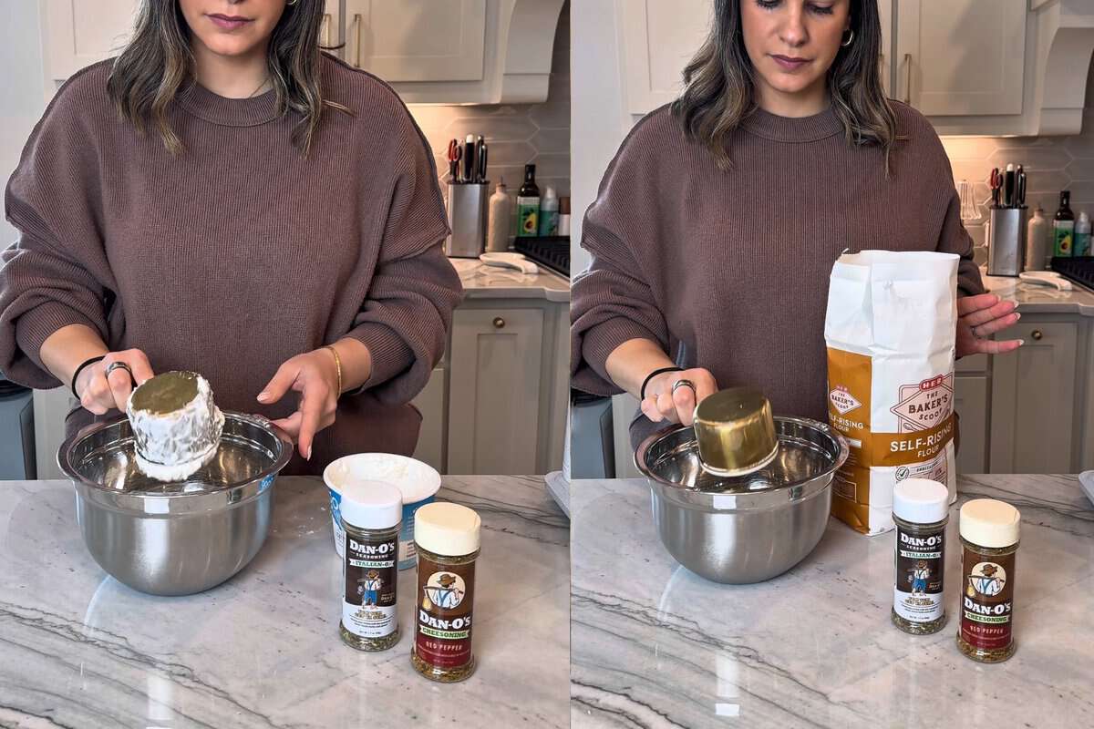 this shows me adding the cottage cheese and the self rising flour into a mixing bowl.
