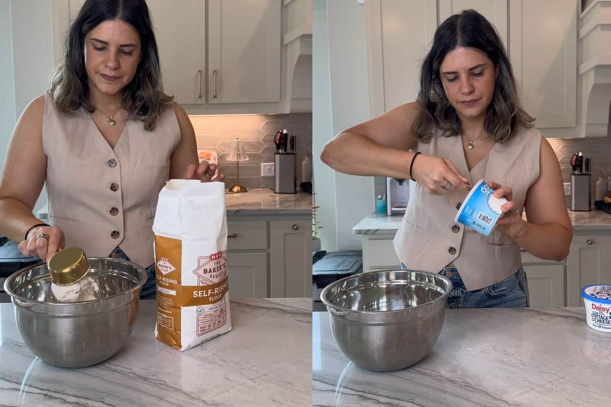 this shows me adding the cottage cheese and self rising flour into a bowl. 