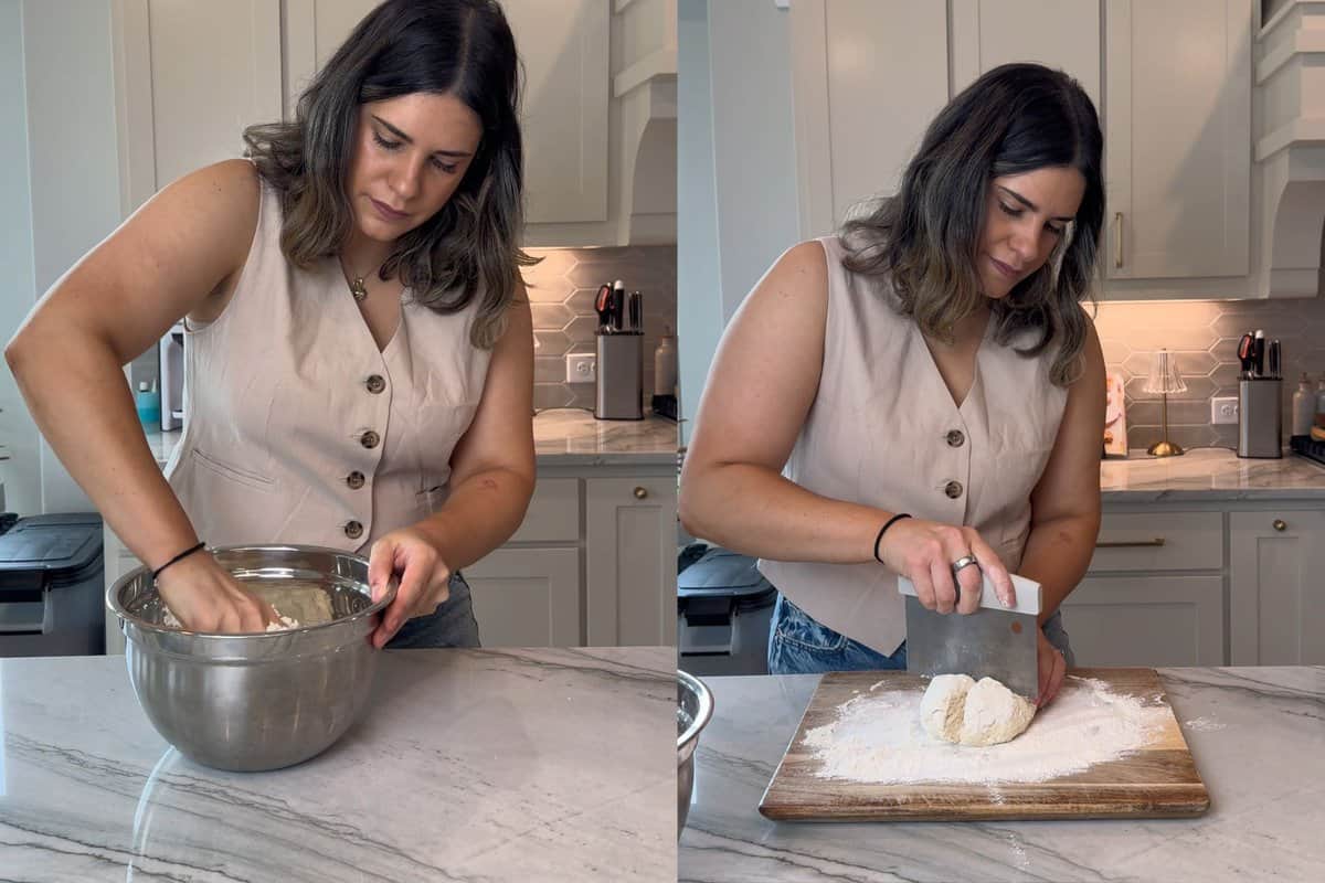 this shows mixing the dough together and then forming it into a ball. Then, using a tool to cut the dough into four equal parts. 