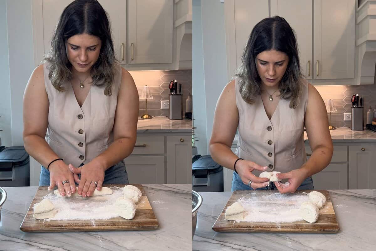 this shows me rolling the dough into a rope and then connecting the ends to make the bagel 