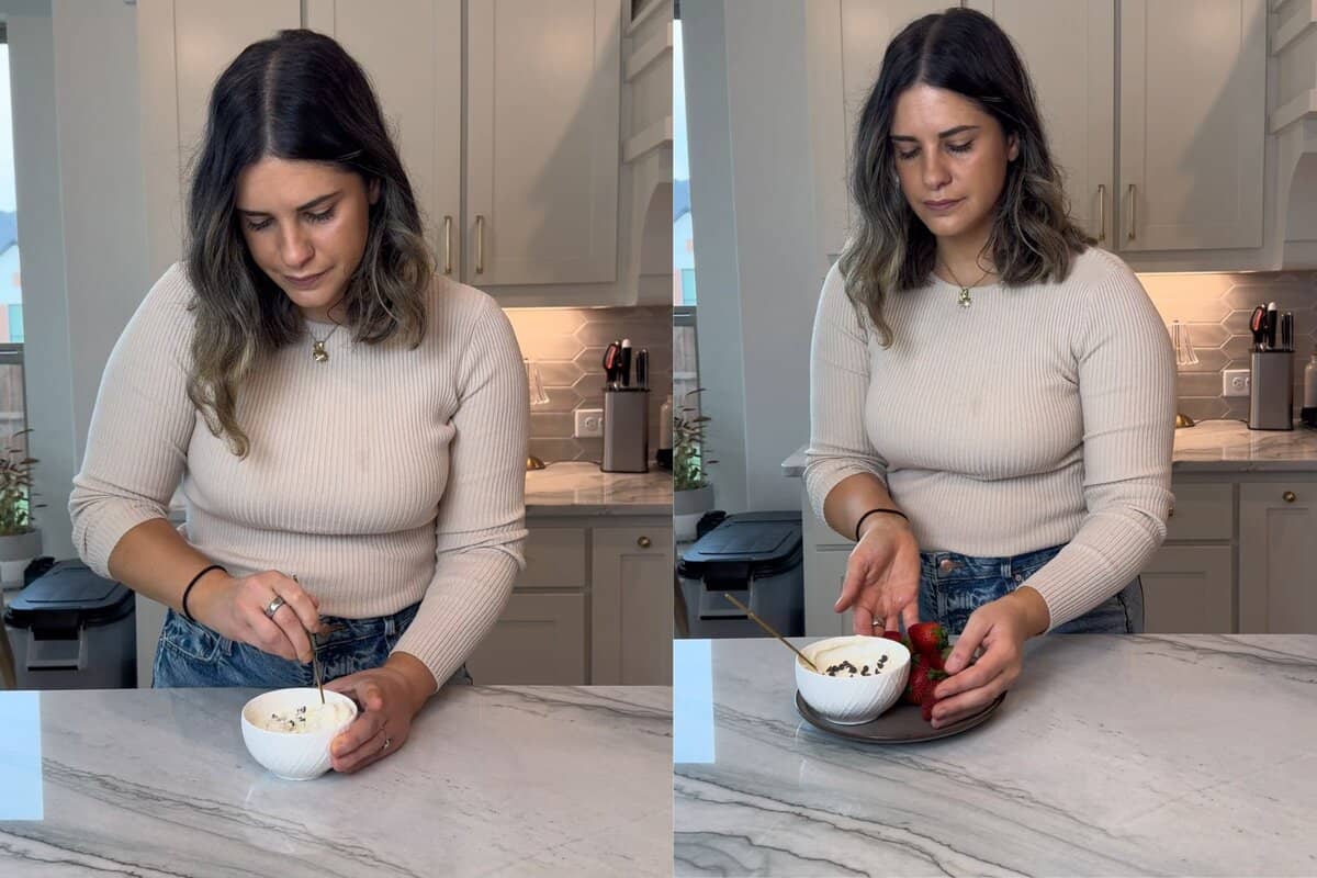 this shows me mixing the ingredients together and serving with some fresh fruit. 