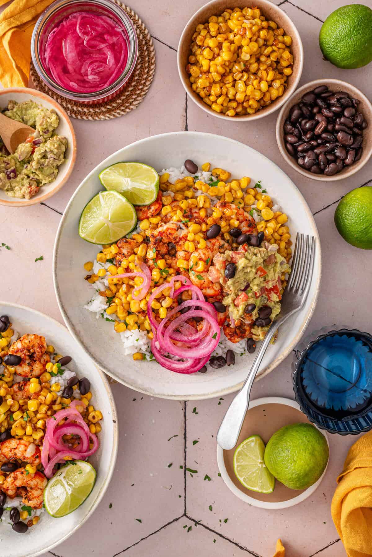 this is a top view close up of my easy chili lime shrimp bowls