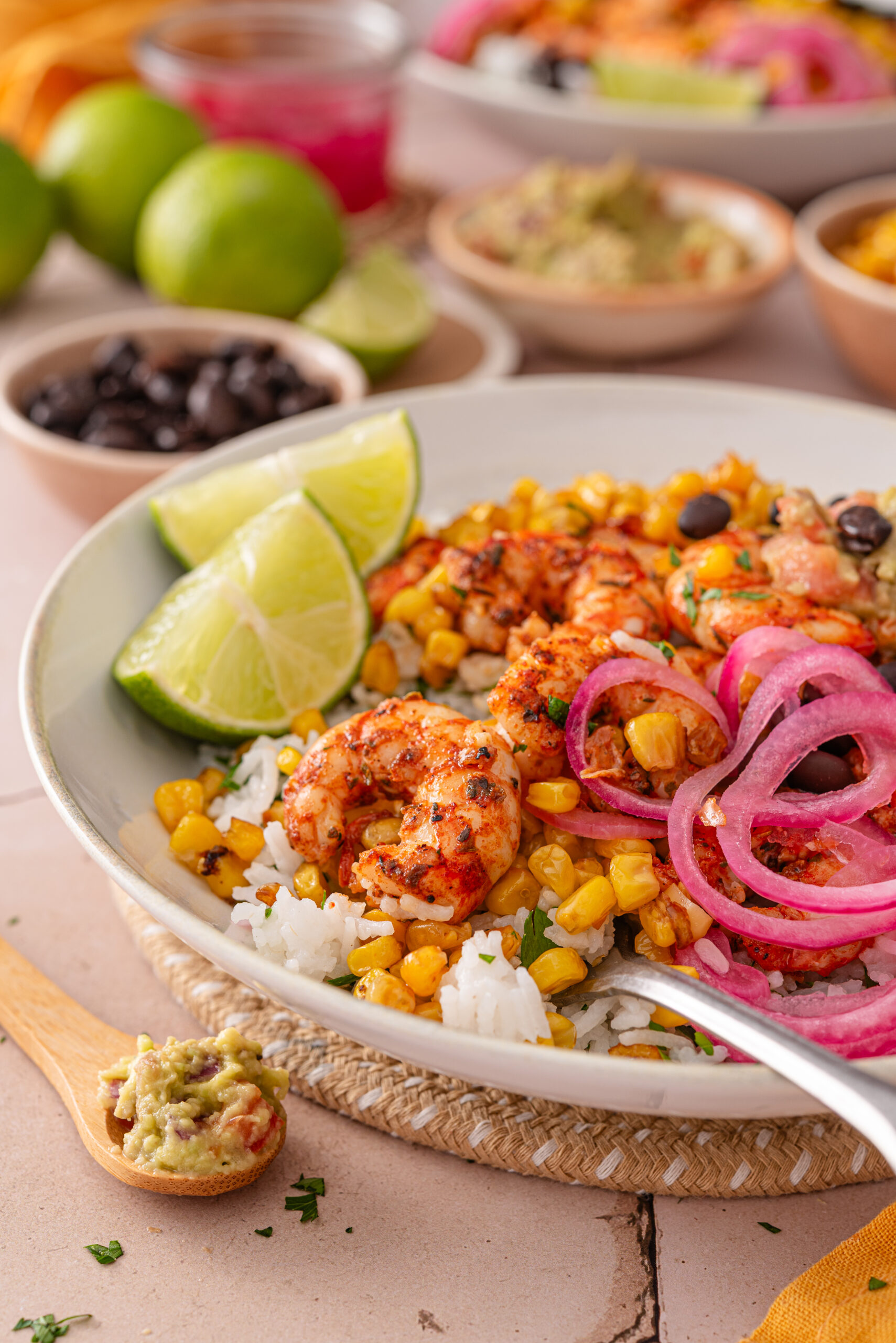 this is a side view close up of my easy chili lime shrimp bowls