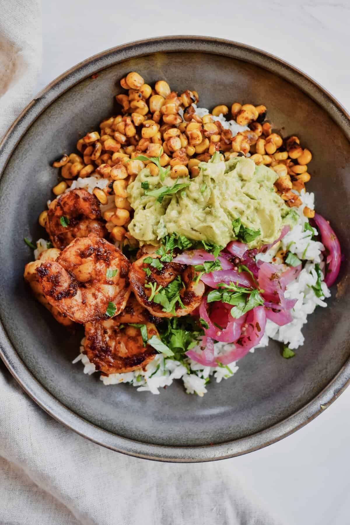 this is a top view of my easy chili lime shrimp bowls