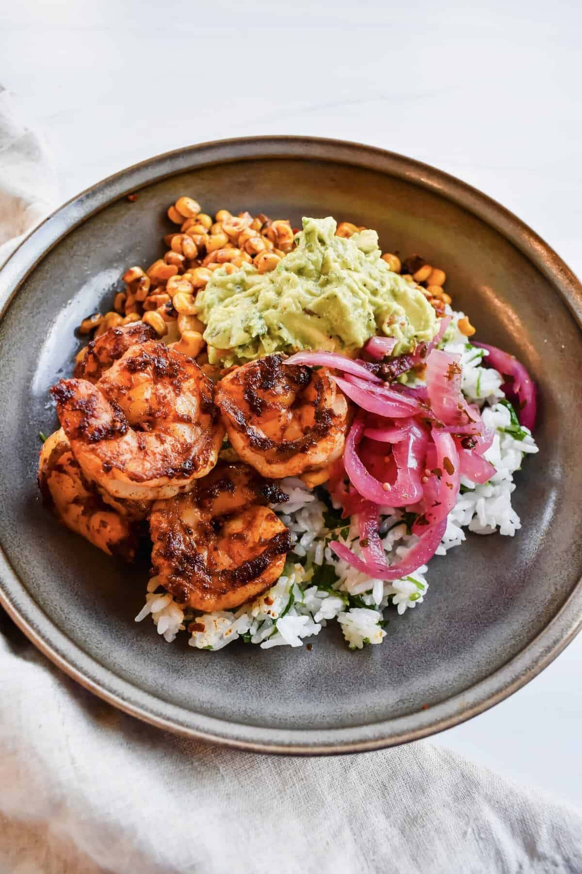 this is a side view close up of my chili lime shrimp bowls!