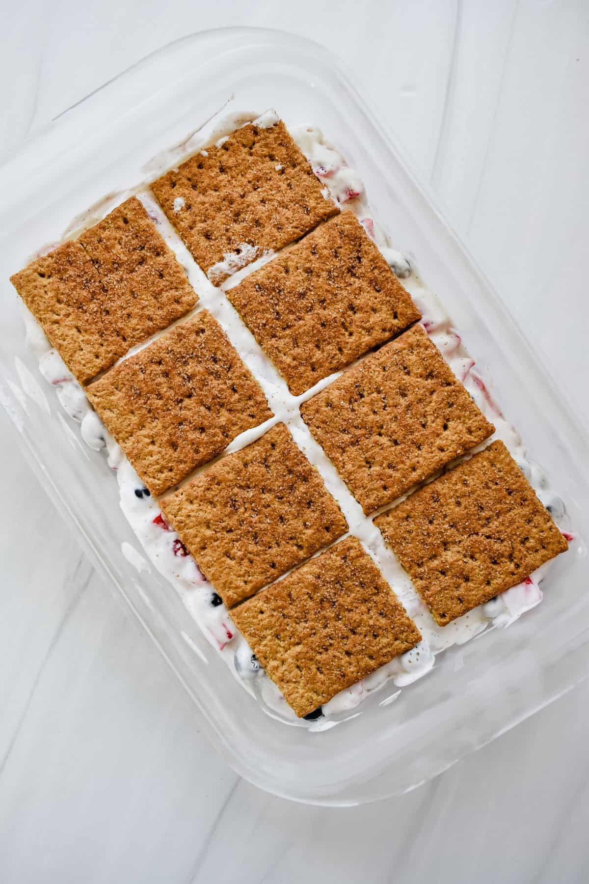 this is a top view overhead of my graham cracker ice cream sandwiches in the container. 