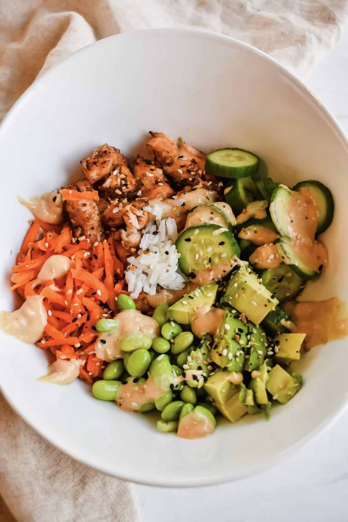 this is another close up of my air fryer salmon bites bowls