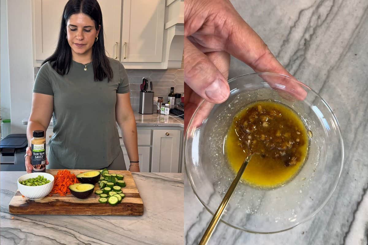 this shows me preparing all of the veggie toppings and making the glaze