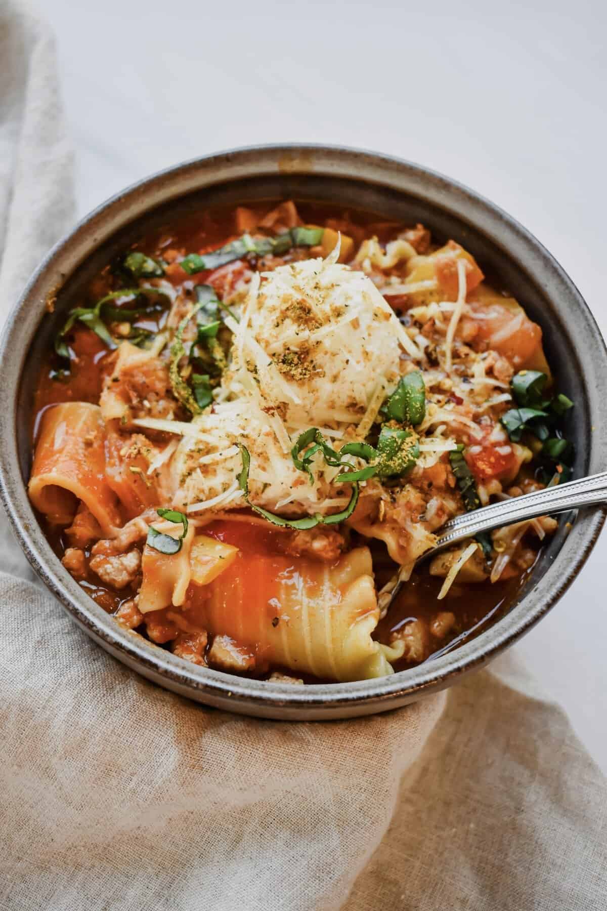 this is a side view close up of my turkey lasagna soup
