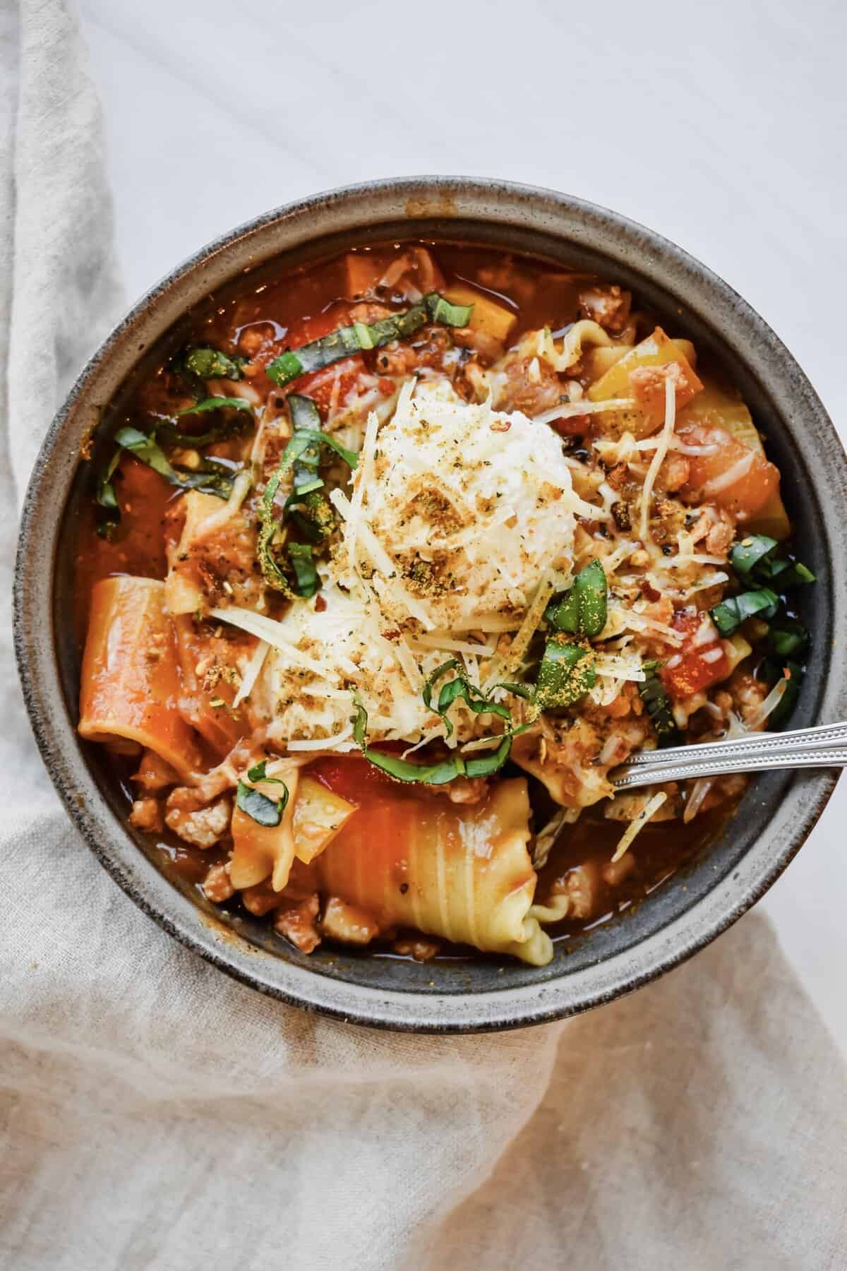 this is a top view close up of my easy turkey lasagna soup 
