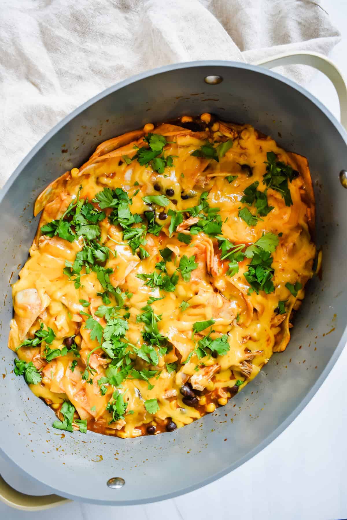 this is the overhead view of my slow cooker chicken enchiladas in the crockpot still. 