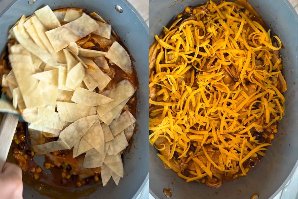 this shows me adding the strips into the crockpot with the shreddd cheese. 