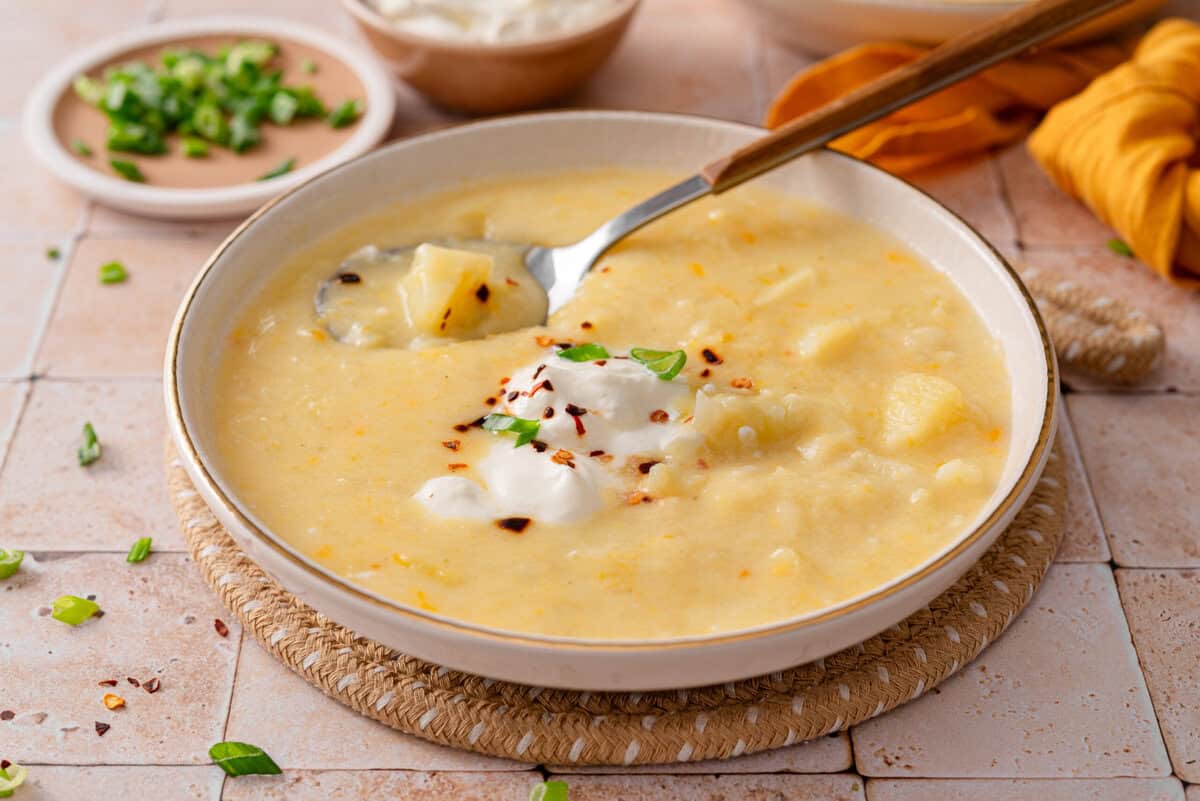 this is a side view close up of my soup served in a bowl