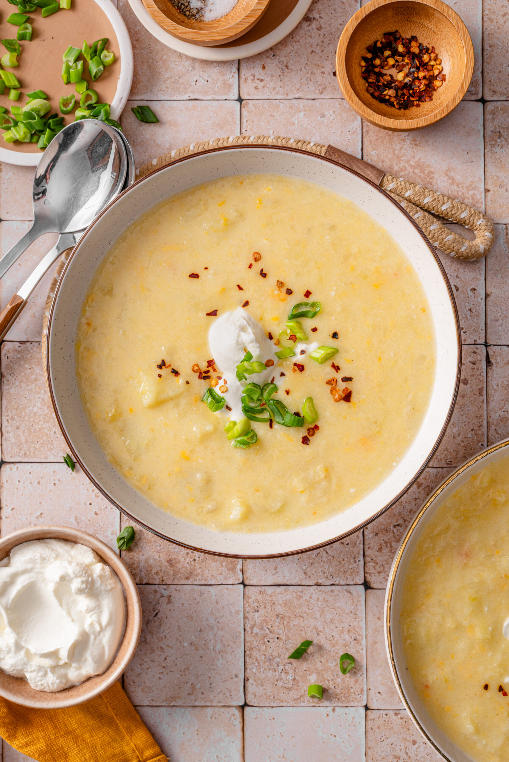 this is a top view close up of my easy and healthy slow cooker leek and potato soup