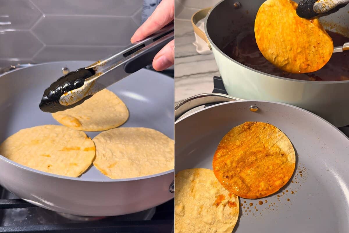 this shows me heating the tortillas in the pan and then dipping them into the consume and then back into the pan 