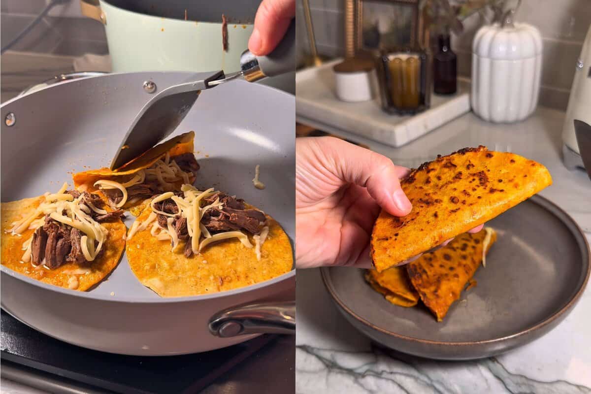 this shows me adding the cheese and meat into the tortilla and then folding and cooking until crispy. 