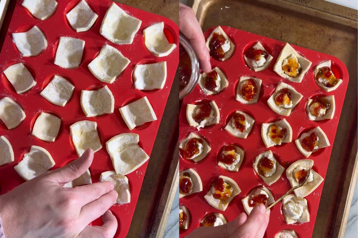 this shows me pushing the pastry into the liner and then adding cream cheese and pepper jelly. 