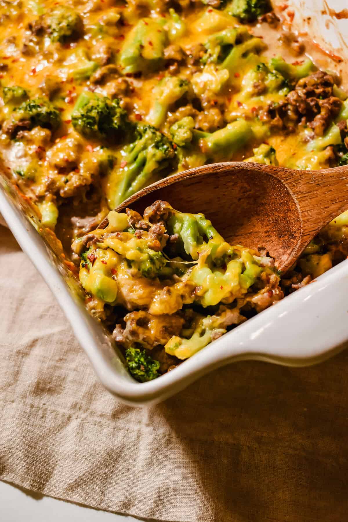 this is a close up of a scoop of my Creamy Ground Beef and Broccoli Casserole