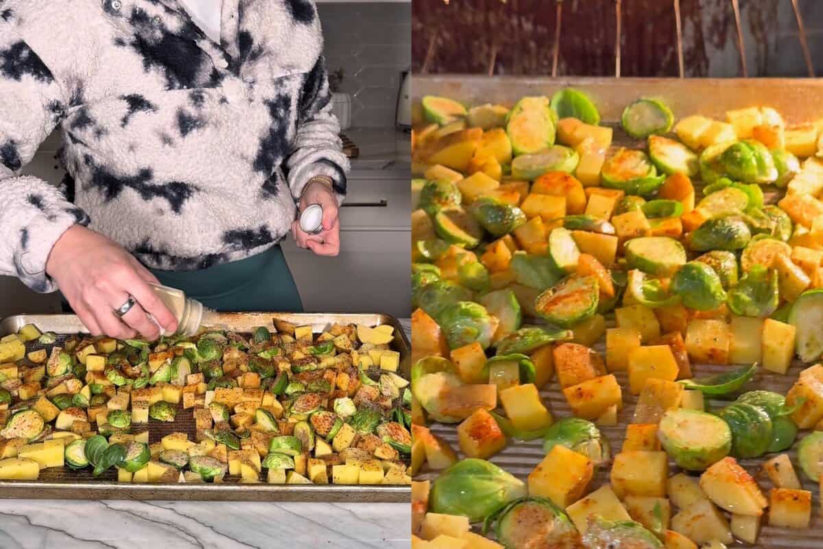 this shows me seasoning my veggies and putting them in the oven 