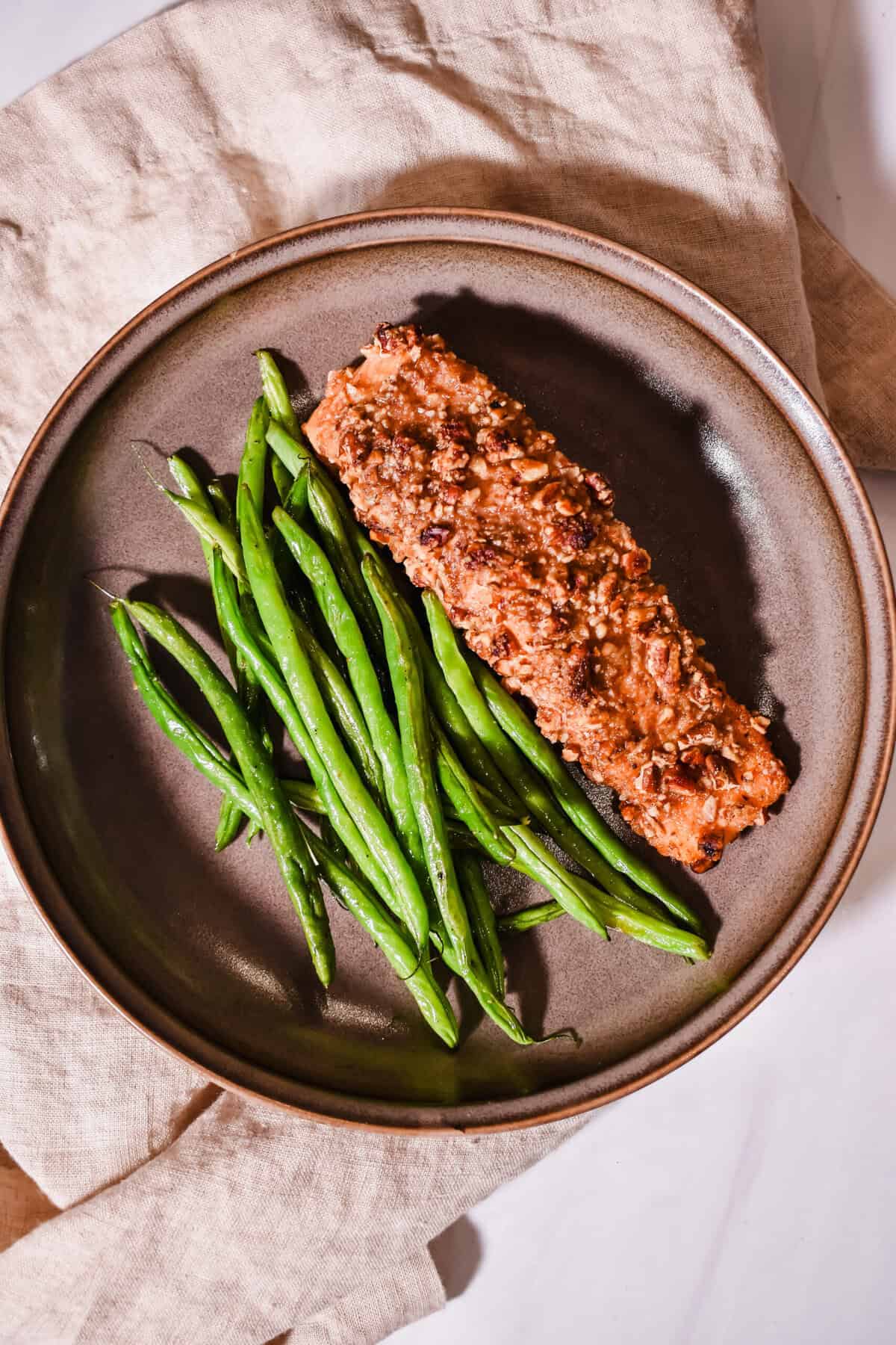 top view of my pecan crusted salmon in a bowl