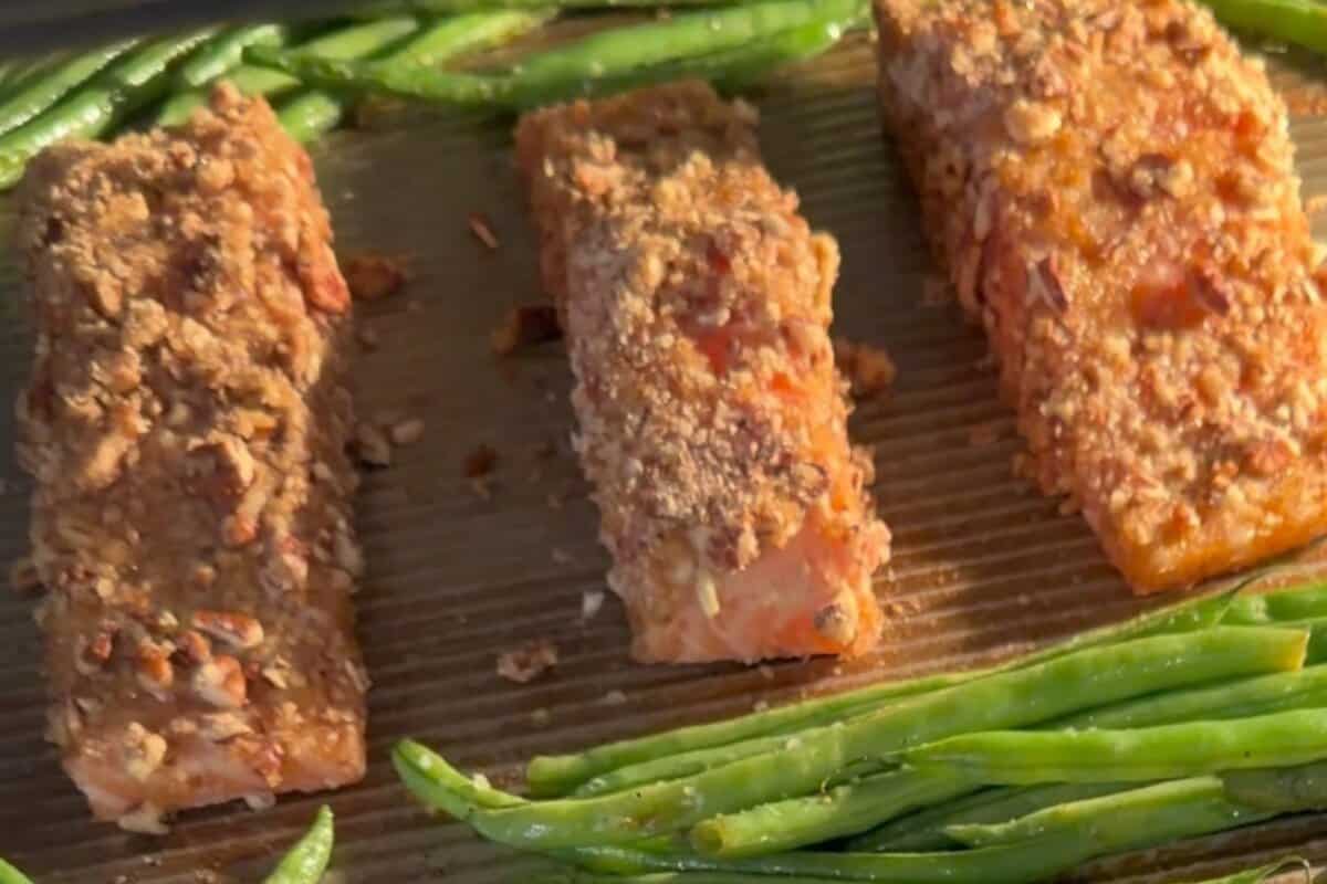 pecan crusted salmon going in the oven. 