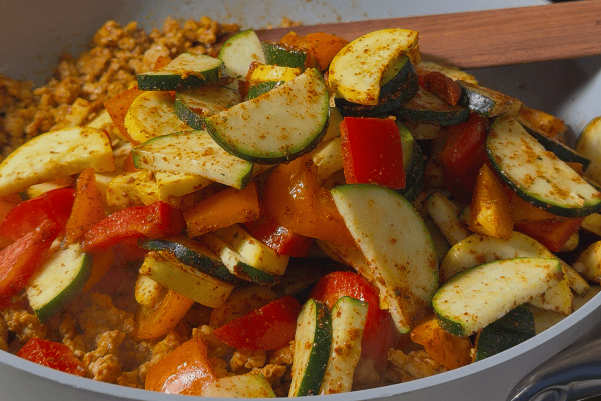 Adding vegetables with protein for Mexican stir fry.