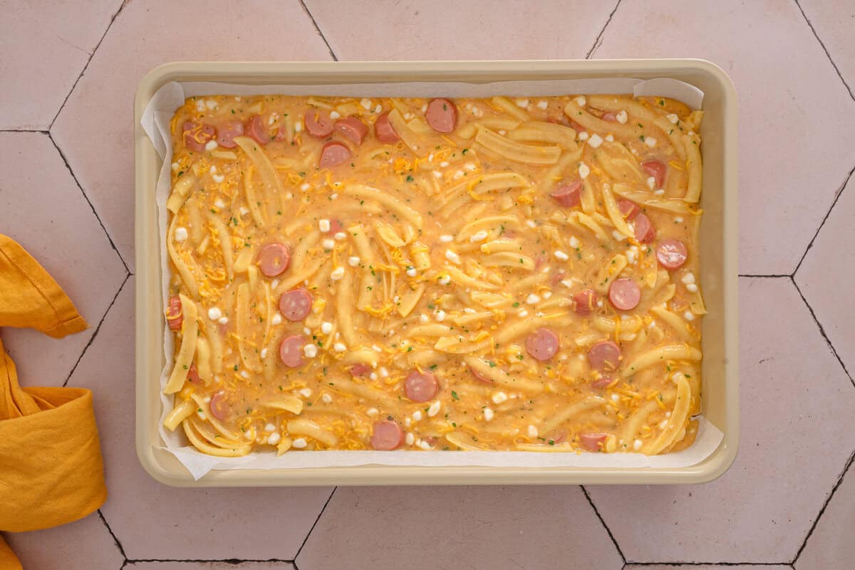 shows me assembling my casserole in a 9x13 baking dish 