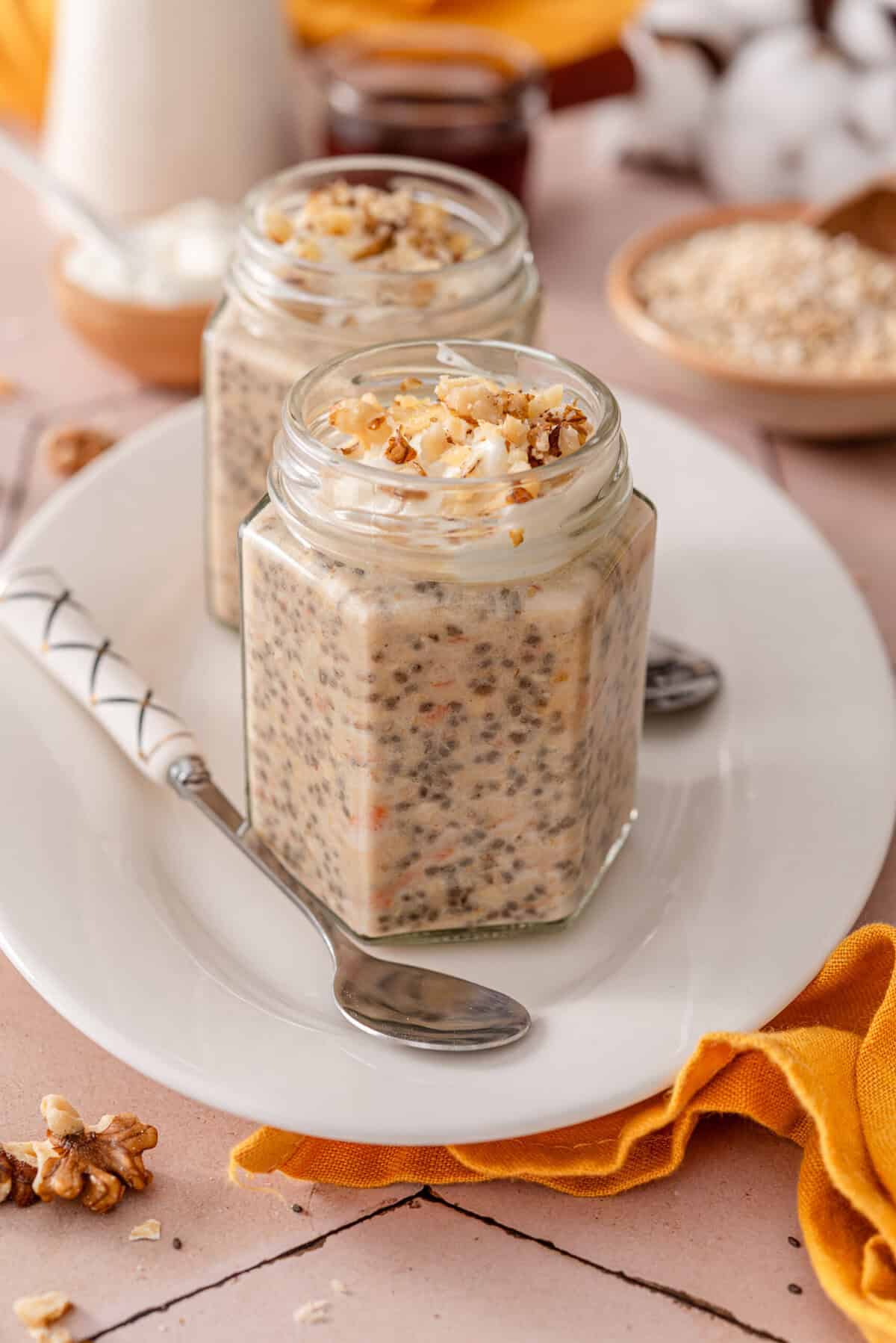 this is a side view close up of my easy and healthy high protein carrot cake overnight oats 