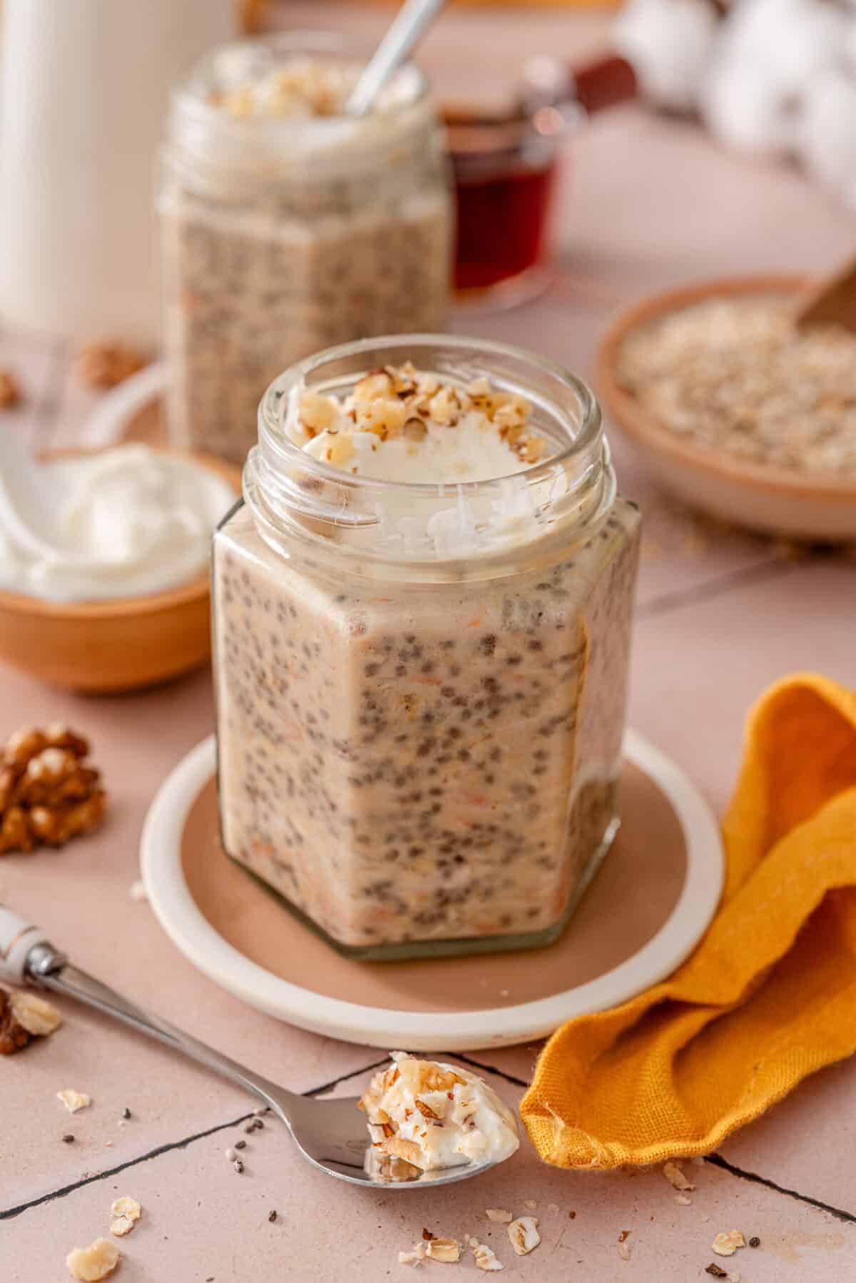 this is a side view close up of my easy and healthy high protein carrot cake overnight oats 