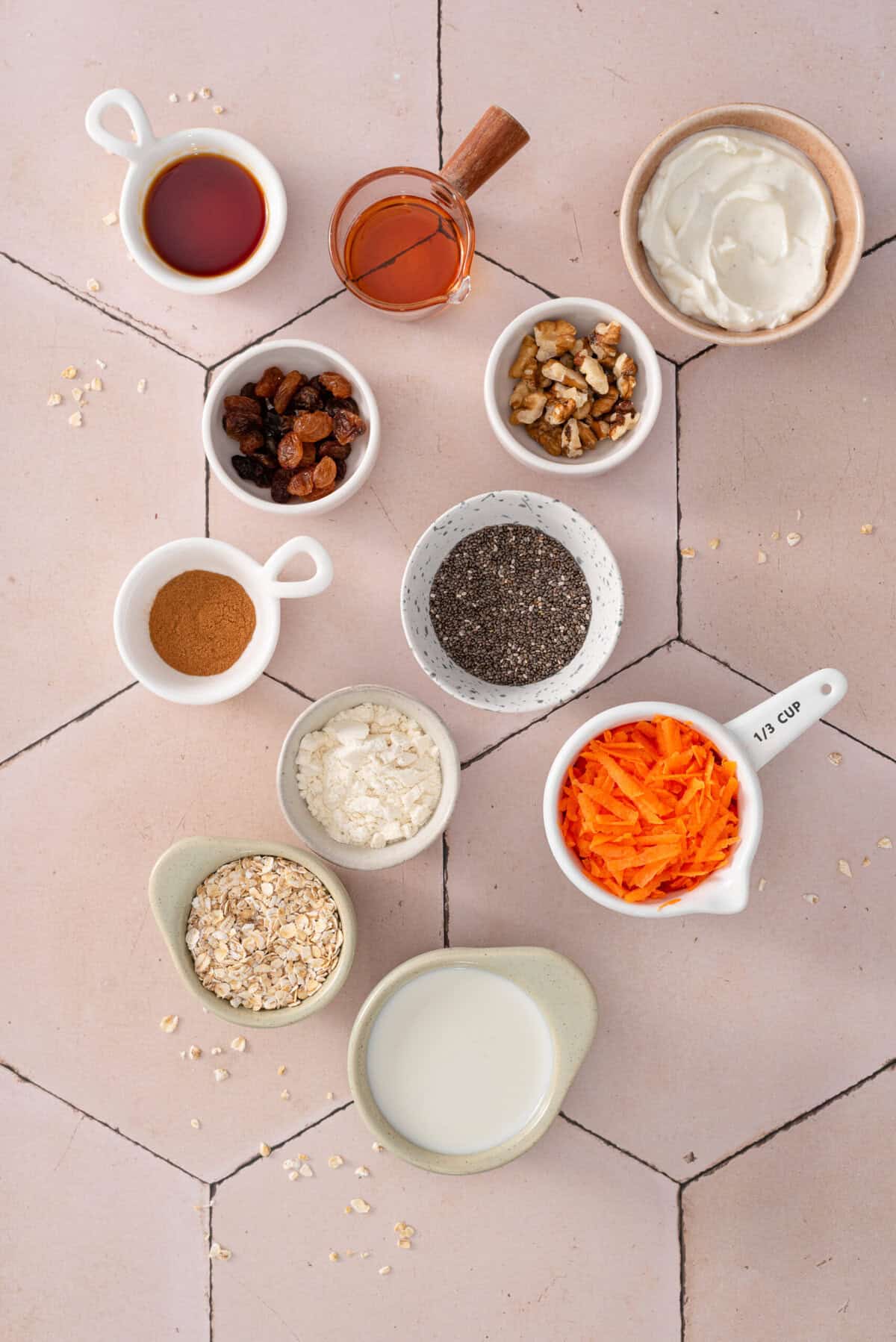 this shows all of my ingredients that I use to make these carrot cake overnight oats