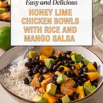 Honey chicken bowls with rice and mango salsa.