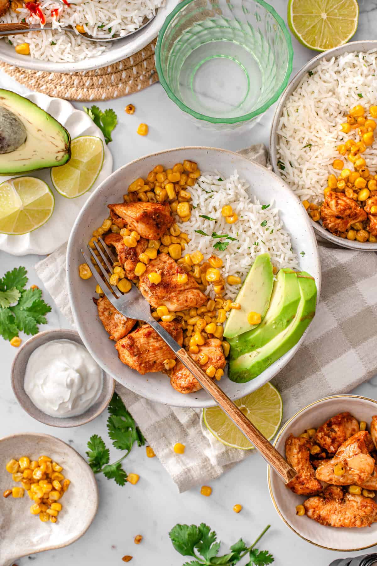 this is a top view of my healthy and easy chicken with cilantro lime rice 