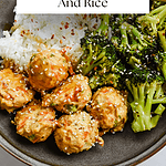 Asian style meatballs served with rice and broccoli.