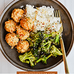 Asian style chicken meatballs served with rice and broccoli.