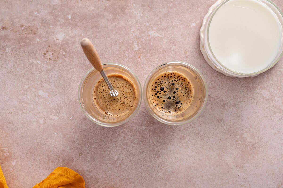 this shows me stirring the condensed milk and espresso together 