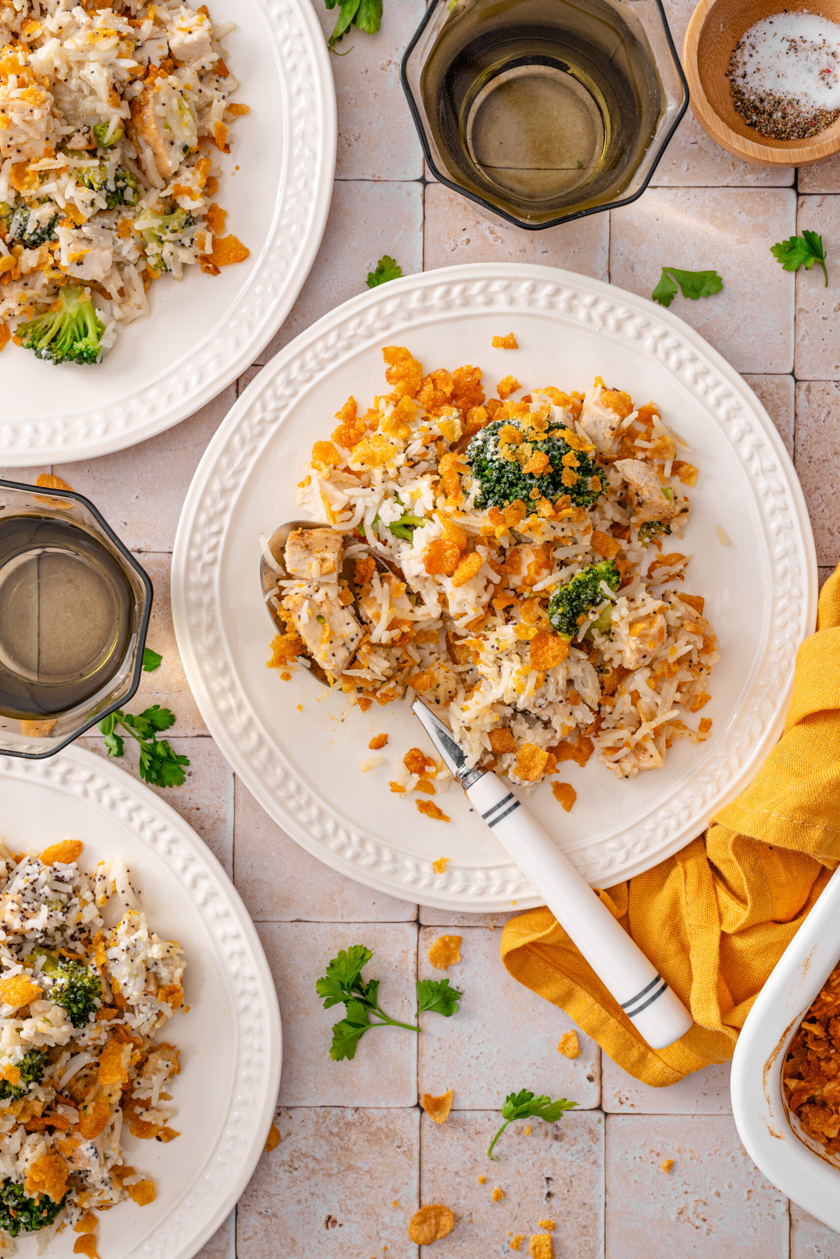 top view of my easy and healthy poppyseed chicken casserole served in a plate. 