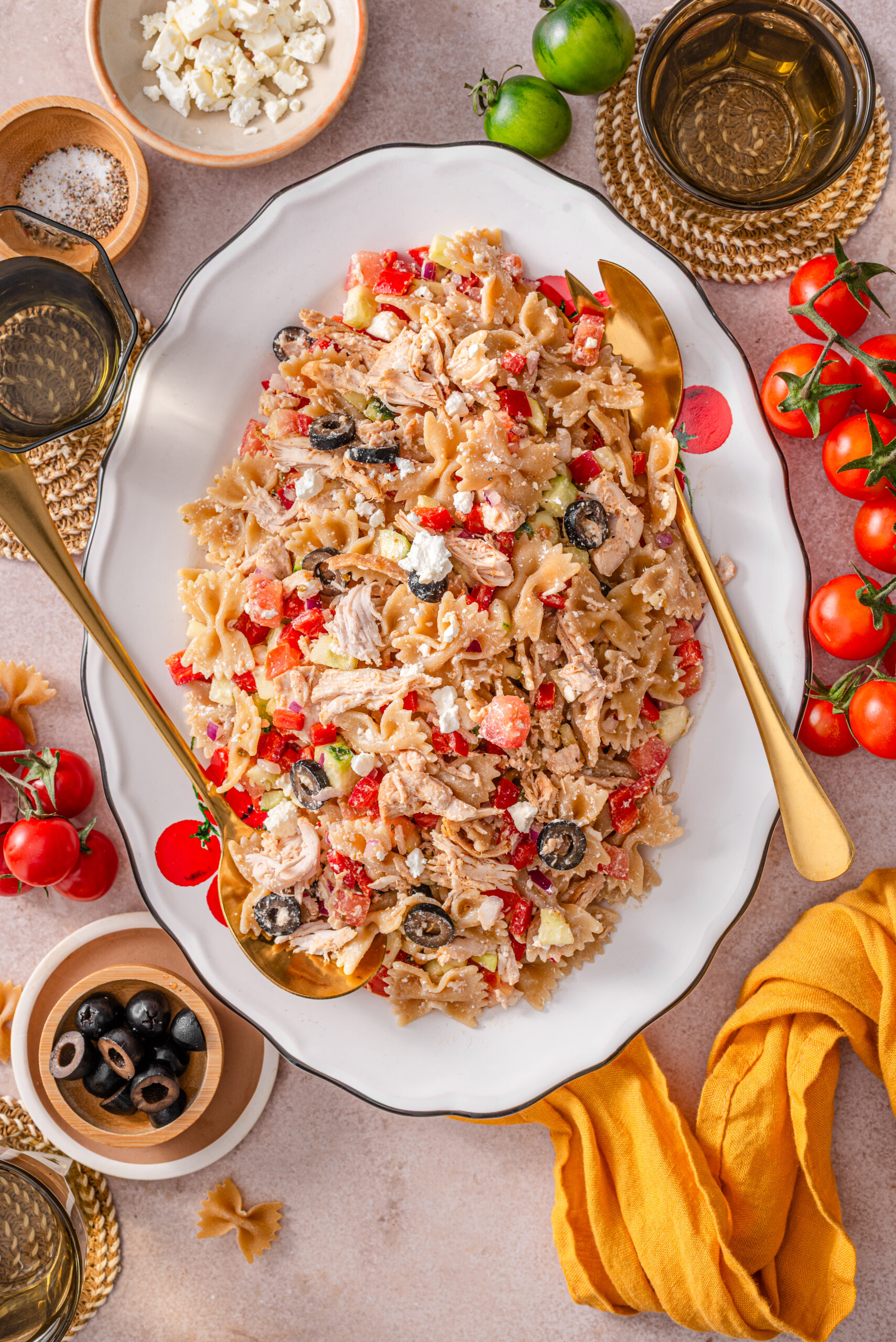 this is a top view close up of my easy and healthy greek bow tie pasta salad 