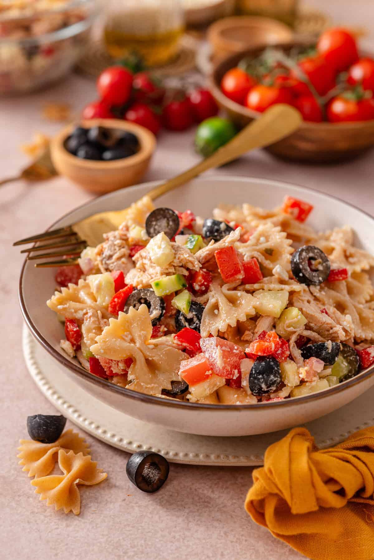 this is a side view close up of my easy and healthy greek bow tie pasta salad 